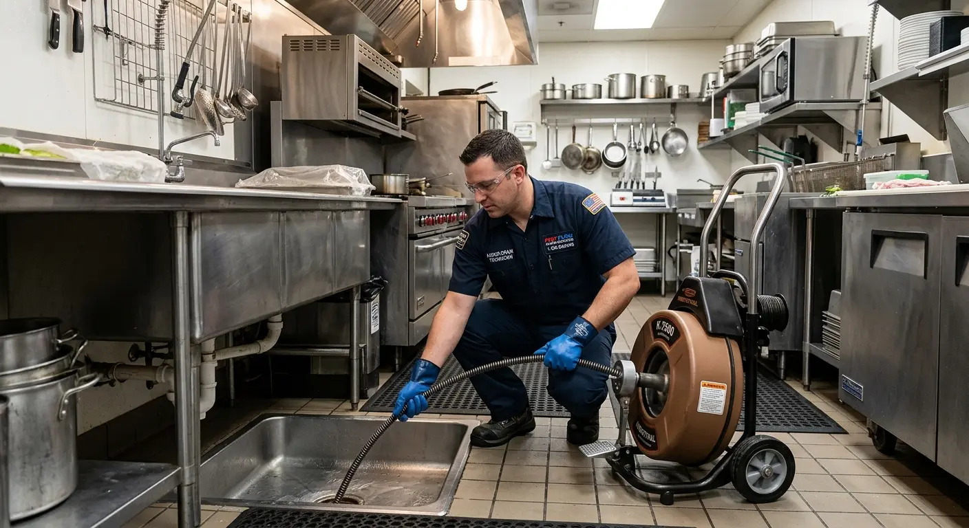 Commercial drain cleaning service in a restaurant kitchen in Richmond