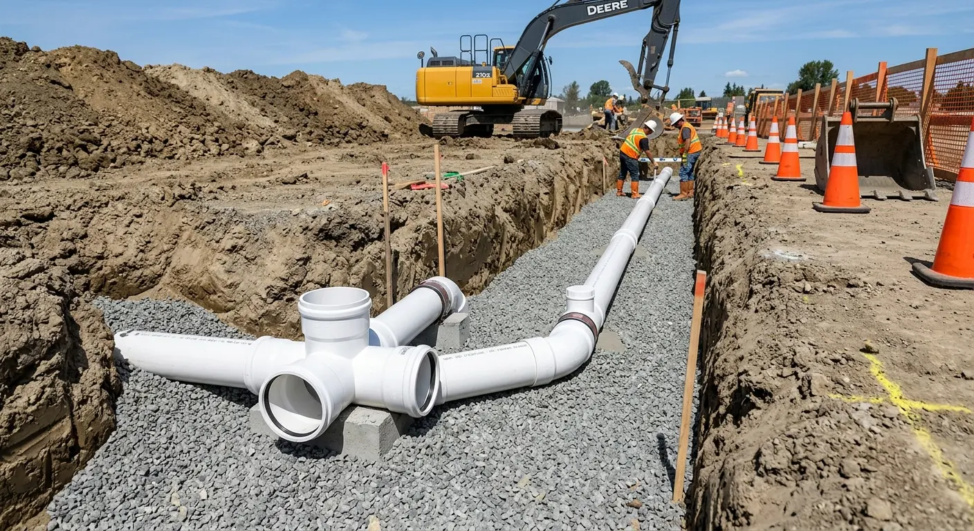 New PVC sewer pipe installation in open trench for Sewer Camera Inspection in Richmond