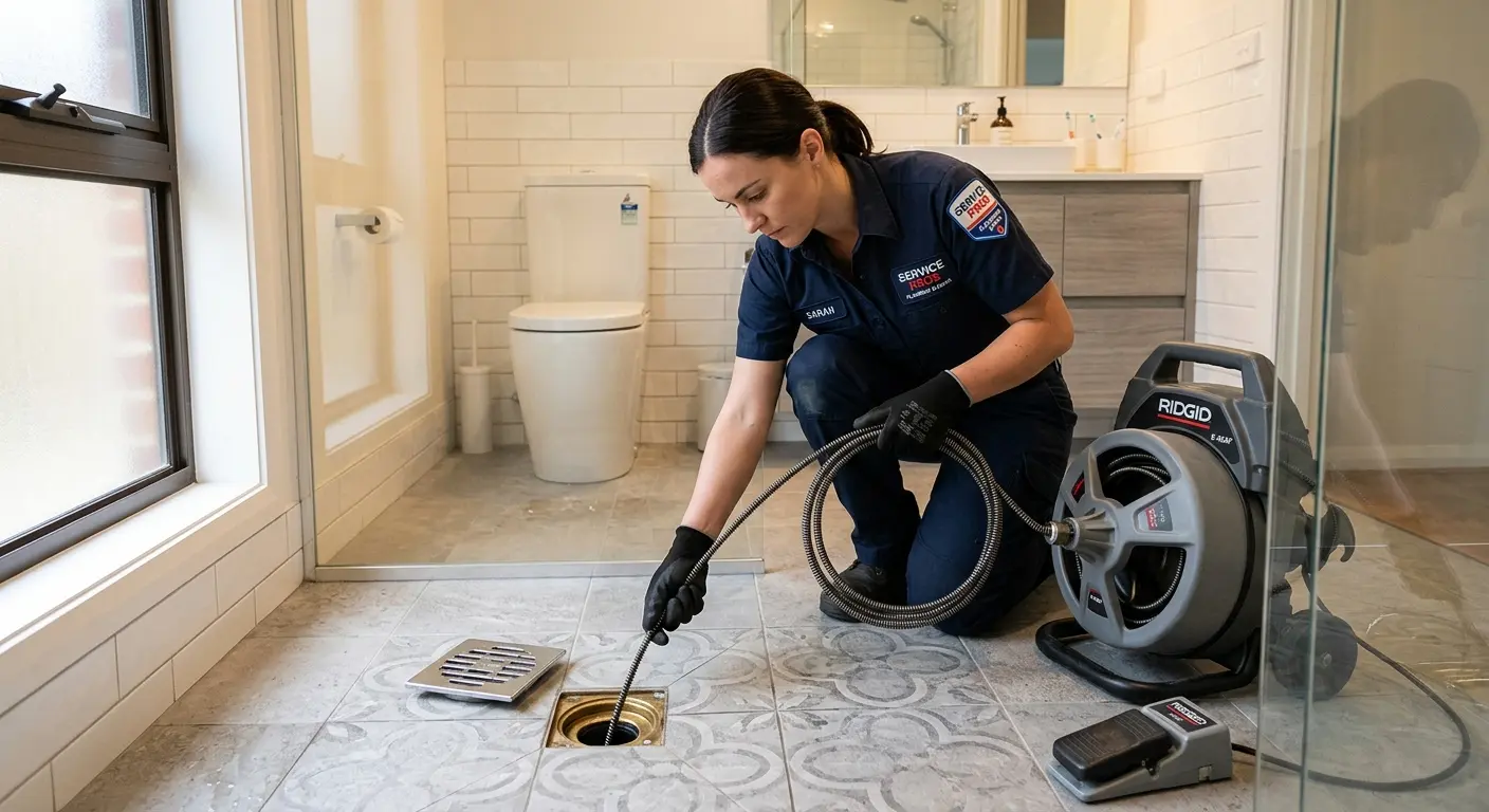 Technician clearing a bathroom floor drain for Sewer Line Replacement in Richmond